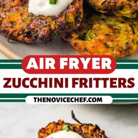 Air fryer zucchini fritters on a platter and a fritter with sour cream on top and chives.