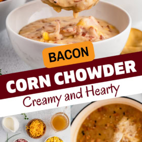 Ingredients arranged in bowls, cream being poured into a soup pot and a ladle pouring a serving of chowder into a bowl.