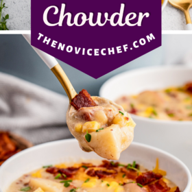 A bowl of corn chowder with bacon with a spoon picking up a bite.