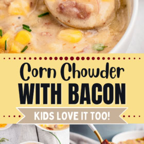 Corn chowder in a bowl with bacon and cheese on top with a spoon taking a bite.