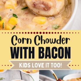 Corn chowder in a bowl with bacon and cheese on top with a spoon taking a bite.