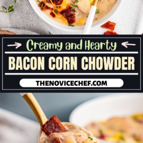 Bacon corn chowder in a bowl and a spoon with a bite of chowder on it.