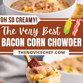 A spoonful of corn chowder and a ladle pouring chowder into a bowl.