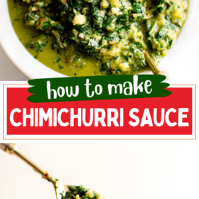 Chimichurri sauce in a bowl and a spoon scooping up a serving.