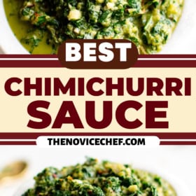 A bowl of chimichurri sauce with a spoon.