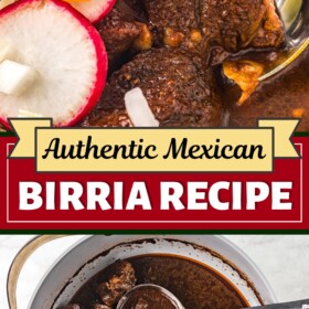 Birria in a pot with a ladle and a spoonful of birria.