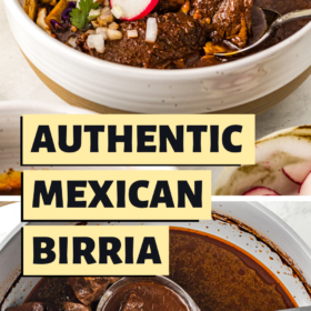 A bowl of birria and a pot of birria with a ladle scooping up a serving.
