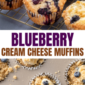 Blueberry muffins on a cooling rack and unbaked blueberry muffins in a muffin liner.