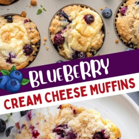 Blueberry muffins in a muffin liner and a blueberry muffin sliced in half on a plate.
