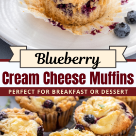 Blueberry cream cheese muffins on a plate and muffins cooling on a cooling rack.