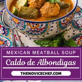 Caldo de Albondigas in a pot, in a bowl and with a ladle scooping up a serving.