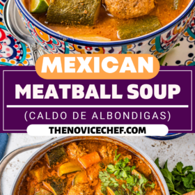 A bowl of mexican meatball soup with a wooden spoon scooping up a serving.