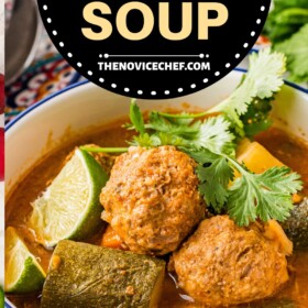 A bowl of mexican meatball soup with zucchini and lime wedges.
