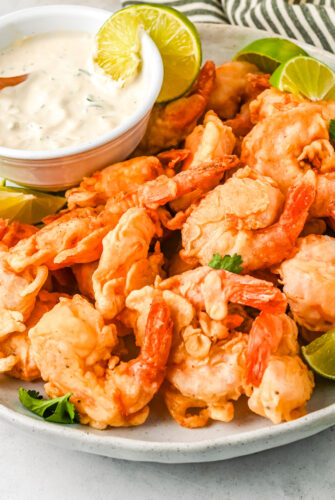 Close-up of Mexican fried shrimp with creamy dipping sauce.