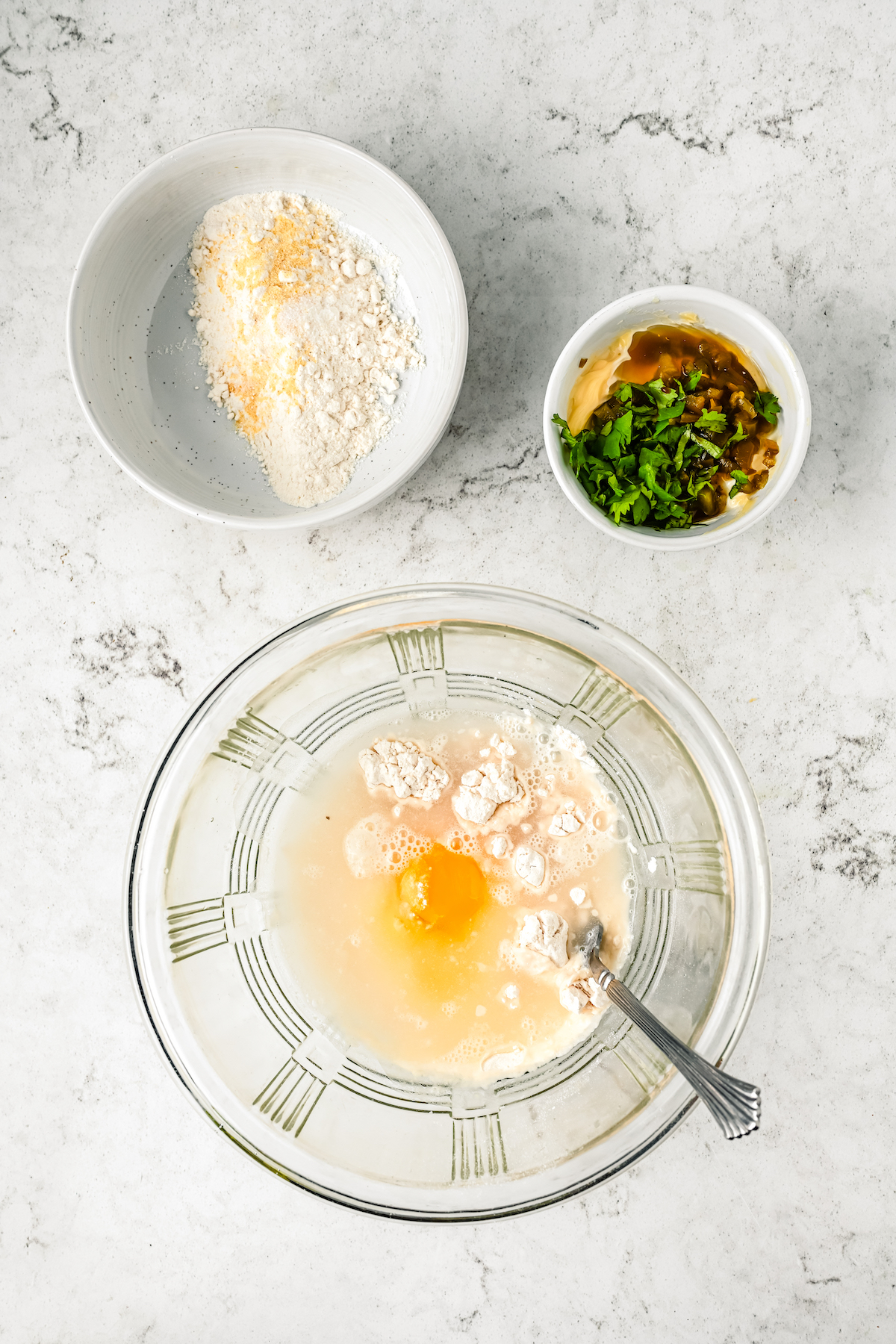 Making the batter. Dipping sauce ingredients on the side in a small bowl along with a 1/2 cup of flour mixture.