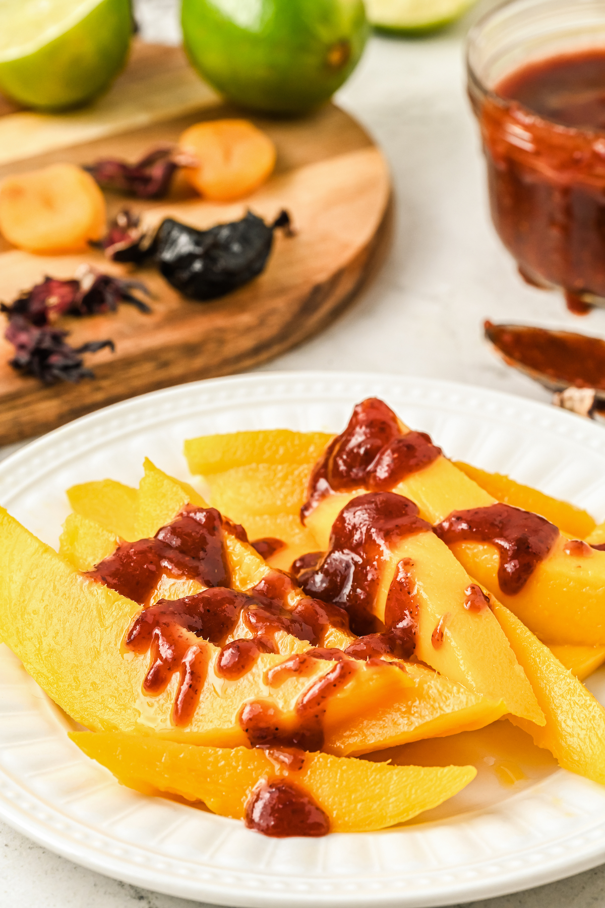 Mango drizzled with chamoy.