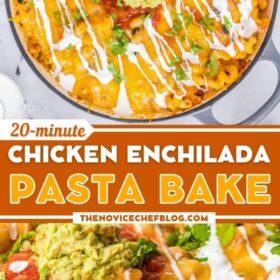 Enchilada pasta bake in a skillet and a spoon scooping up a serving.