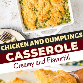 Chicken and dumplings casserole in a baking dish and a wooden spoon scooping up a serving.