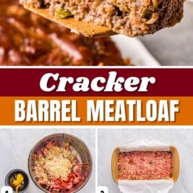 Cracker barrel meatloaf on a wooden serving spoon and being made in a bowl, formed into a loaf and baked.