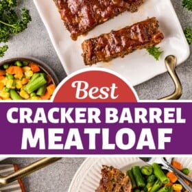 Cracker barrrel meat loaf on a plater and sliced on a plate with mashed potatoes.