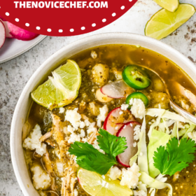 A bowl of chicken pozole with all the toppings.