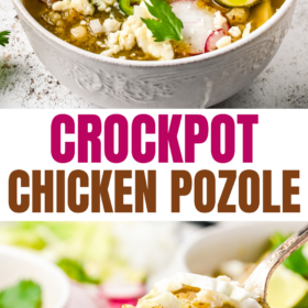 A bowl of crockpot chicken pozole on a spoon.