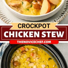 A crockpot filled with chicken stew and a bowl of chicken stew with a spoon.