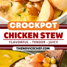 A bowl of chicken stew and chicken stew in the crockpot with a ladle scooping a serving.