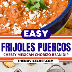 Mexican frijoles puercos in a bowl and being made in a blender and a skillet.