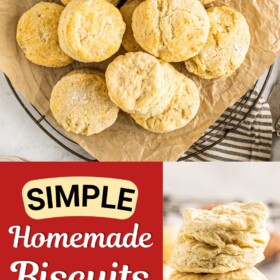 Homemade biscuits on a plate and stacked on top of each other.