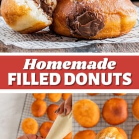 Donuts being filled with cheesecake filling and two donuts on parchment paper dusted with powdered sugar.
