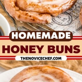 Homemade honey buns on a plate and one with a bite taken out of it.