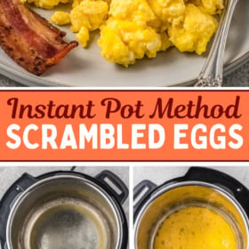 Eggs in an instant pot, scrambled eggs in instant pot and a plate of scrambled eggs.