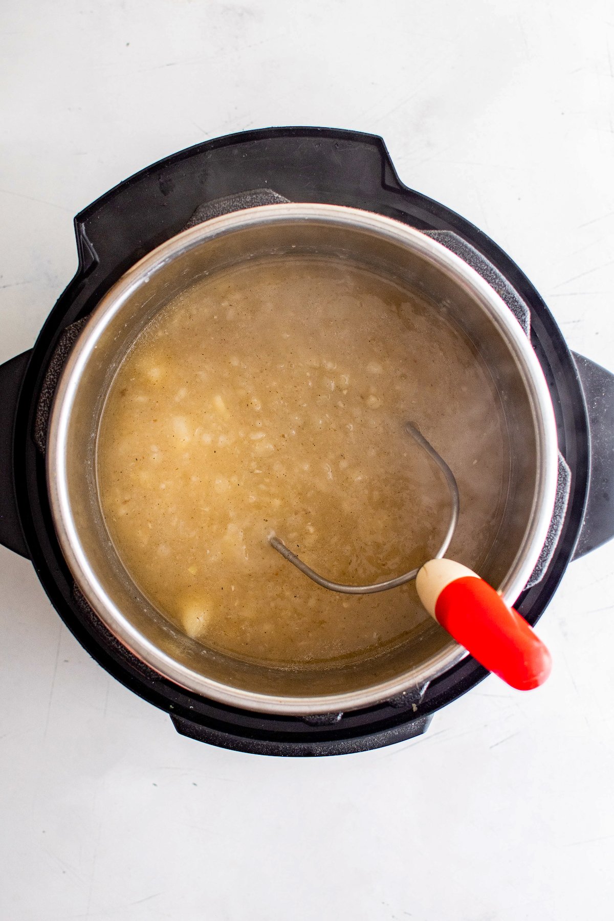 Cooked soup ingredients in an instant pot.