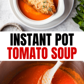 Cream being stirred into tomato soup in an instant pot and a bowl of tomato soup.