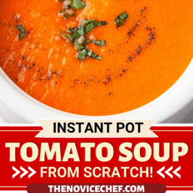 Tomato soup in a bowl with basil on top, and tomato soup being made in an instant pot.