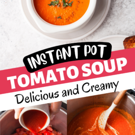 A bowl of instant pot tomato soup being made and in a bowl.