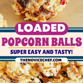 Loaded popcorn balls and the popcorn being melted together with marshmallows.