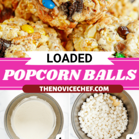Popcorn balls with candies and being made in bowls.