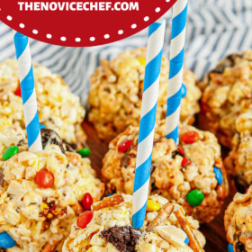 Loaded popcorn balls with oreos, pretzels and m&ms.