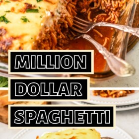 Million dollar spaghetti in a casserole dish and on a plate with a fork.