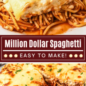 Spaghetti casserole in a baking dish being served with two forks.