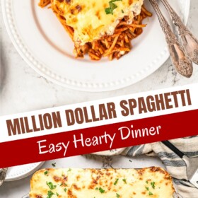 A serving of million dollar spaghetti on a plate with two forks and spaghetti casserole baked with herbs on top.