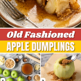 An apple dumpling sliced in half on a plate and apples being filled with brown sugar and wrapped in pastry.