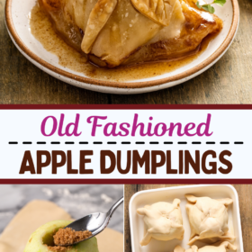 Apple dumpling on a plate with sauce, apple being stuffed with brown sugar and apples wrapped in pastry.