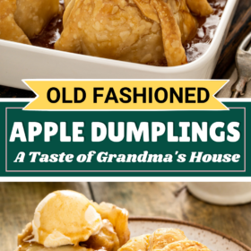 Apple dumpling sliced in half on a plate and apple dumplings in a baking dish.