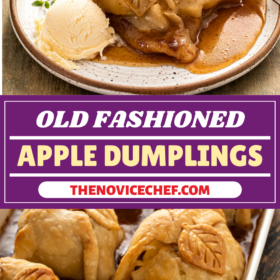 A pan of apple dumplings and an apple dumpling on a plate with sauce and ice cream.