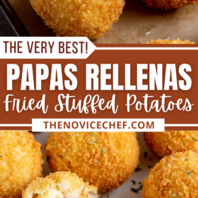 Papas Rellenas on a baking sheet and on a plate with one sliced in half.