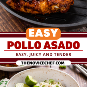 Chipotle copycat recipe for pollo asado on a plate of rice and being grilled in a grill pan.