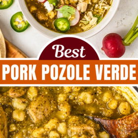 A bowl of pork pozole verde and a wooden spoon scooping up a serving of soup out of a pot.